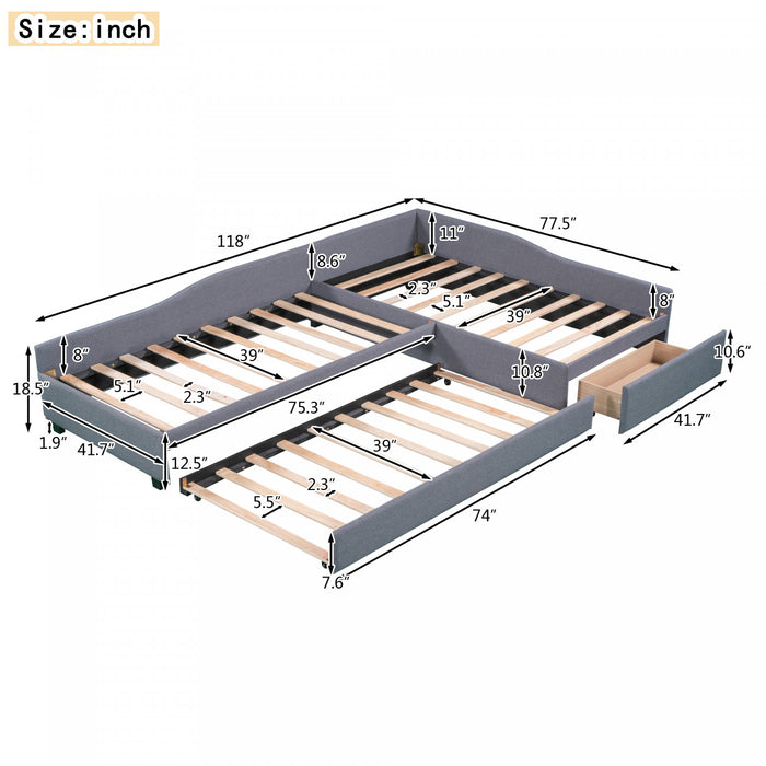 Tyler – Lit De Jour Rembourre En Tissu Aspect Lin Avec Lit Gigogne Et Rangement, Format Simple, Gris