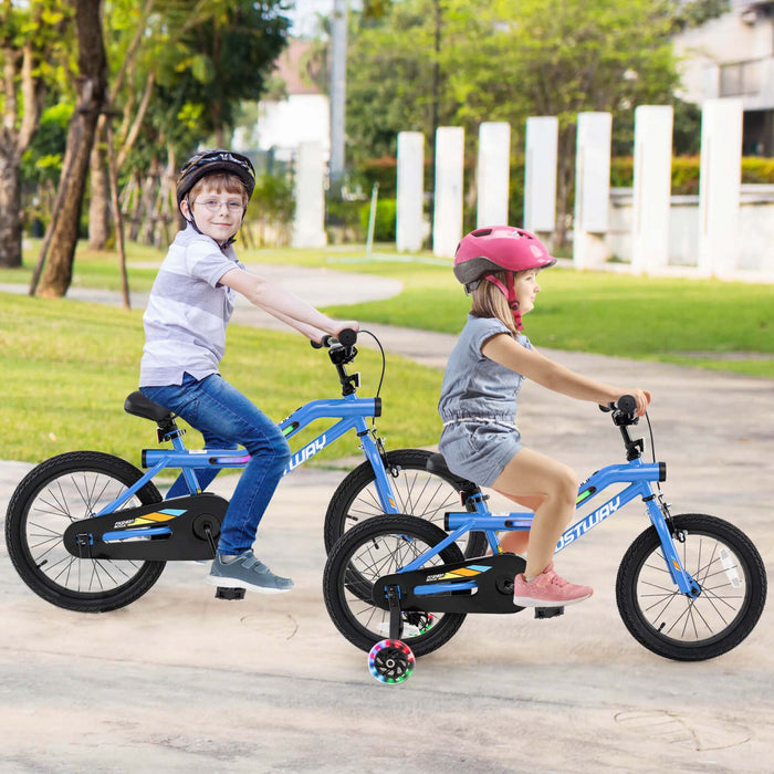 Costway 16\" Led Eclaire Velo Pour Enfants Avec Siege Reglable Coaster Frein Roues D'entrainement Bleu