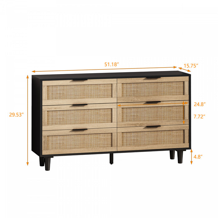 Meuble de rangement moderne Mila a 6 tiroirs en rotin avec structure en bois manufacture, noir, 130 cm