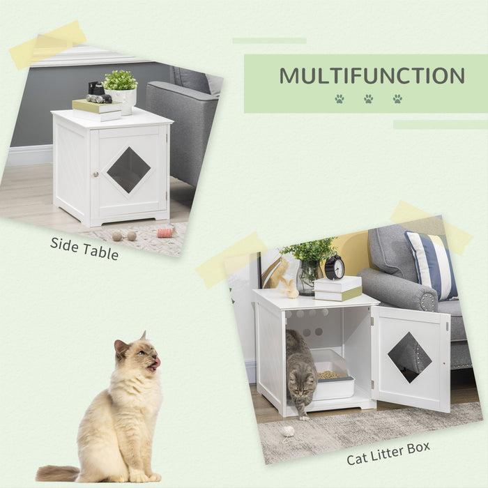 Pawhut Table D'extremite Pour Bac A Litiere, Toilettes Interieures Pour Chats Avec Porte Magnetique, Table De Nuit Pour Bac A Litiere Cache Avec Grand Plateau, Montage Facile, Blanc