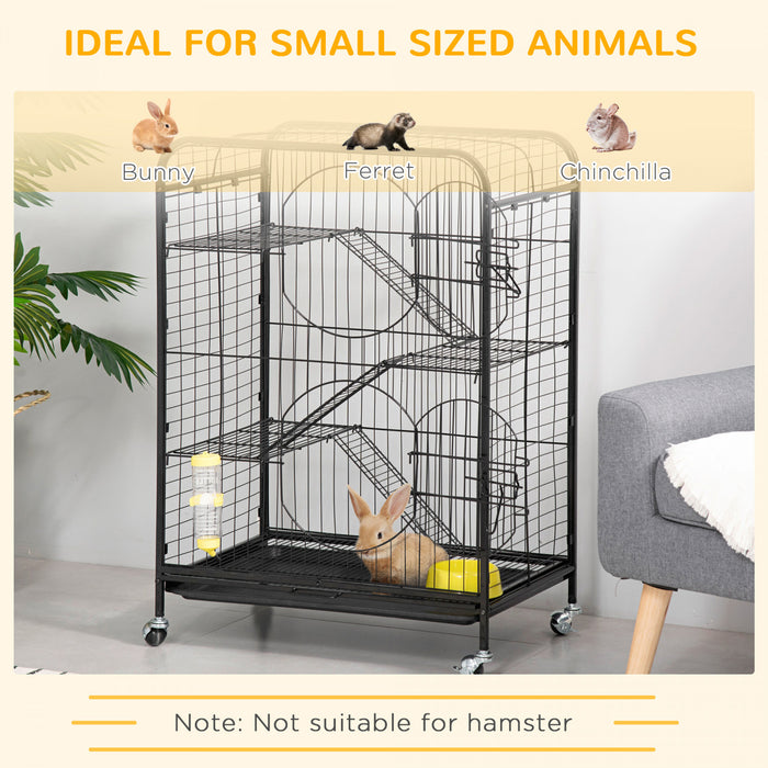 Pawhut Cage Pour Petits Animaux 37\" Lapin Furet Chinchilla Avec 2 Portes Plateforme Rampe Metal Noir