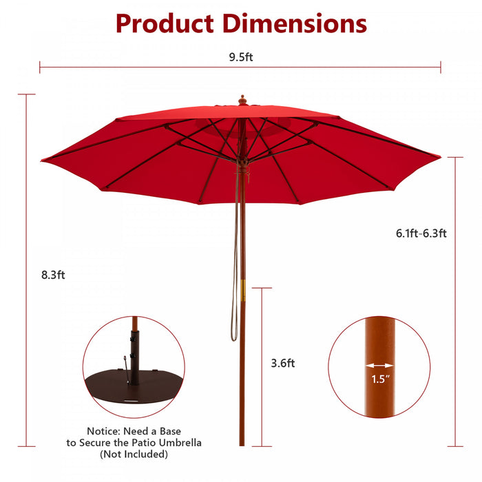 Costway Parasol de marche a poulie en corde 9,5FT avec baleines en fibre de verre Rouge