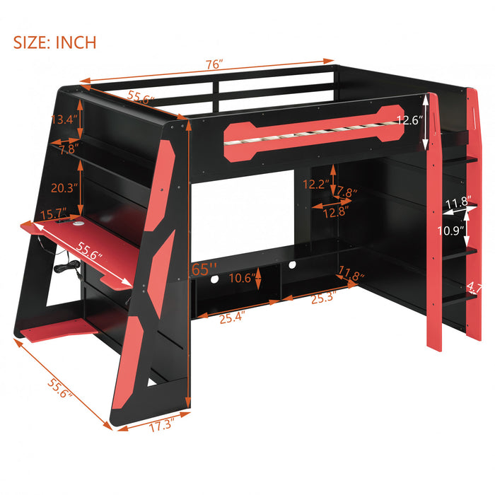 Olivia Lit mezzanine en bois avec bureau et etageres de rangement multiples, Lumiere RGB, Rouge