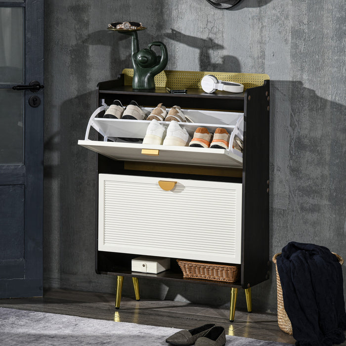 HOMCOM Armoire a Chaussures 2 Tiroirs Rabattables Porte Bambou Blanc