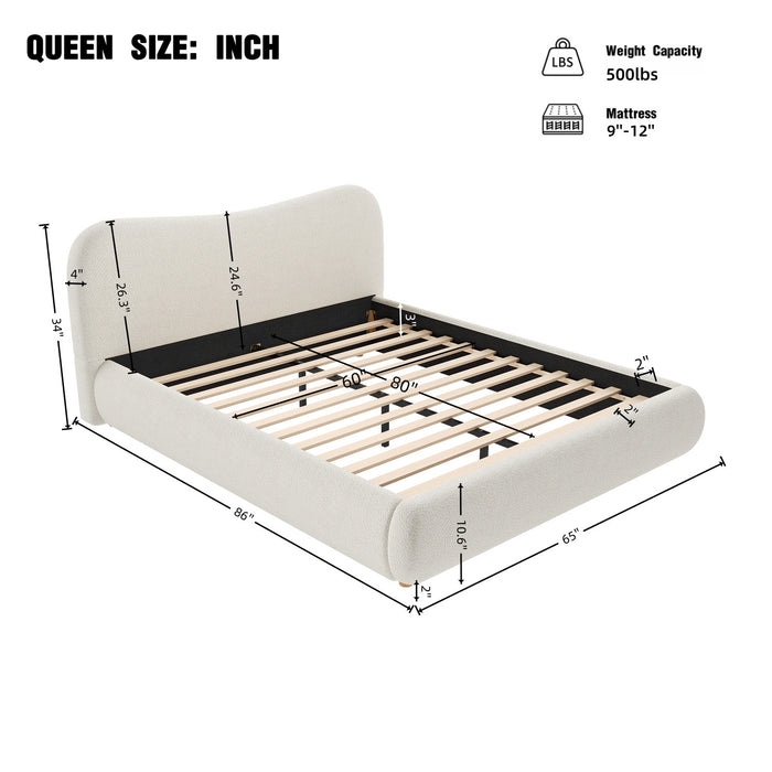 Lit plateforme Camille avec tete de lit incurvee et tapissage boucle luxueux, taille Queen, blanc