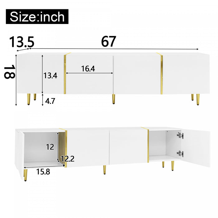 Meuble Tv Moderne Frances Avec 4 Portes, Blanc Laque Brillant