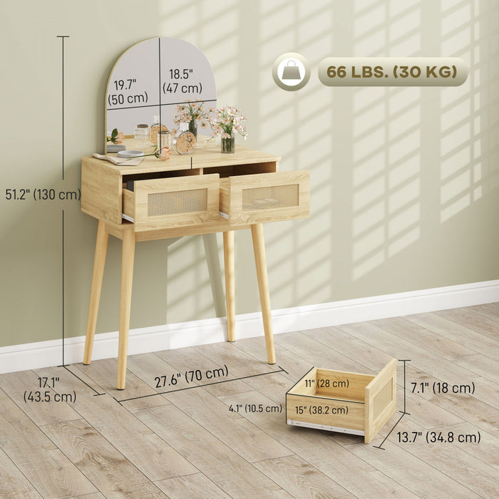HOMCOM Coiffeuse avec miroir meuble maquillage avec 2 tiroirs, bois naturel