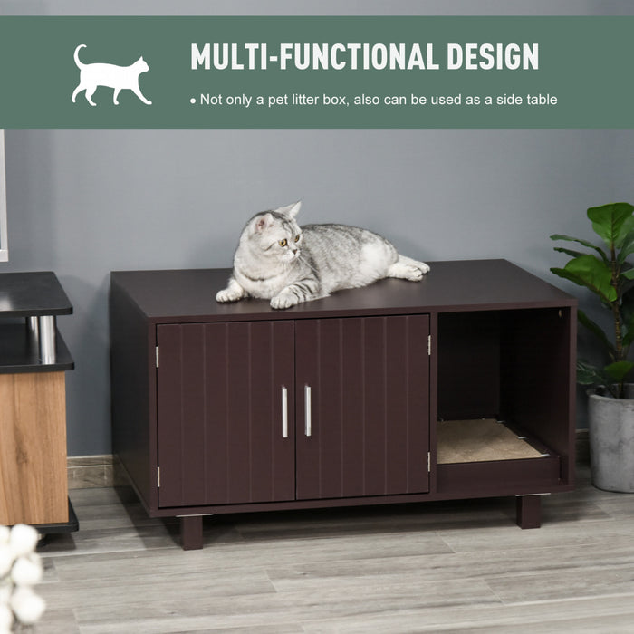 Pawhut Toilettes Pour Chat En Bois Boite A Litiere Pour Animal Domestique Enclos Chaton Maison Table De Chevet Table De Chevet Avec Grattoir Portes Magnetiques Marron