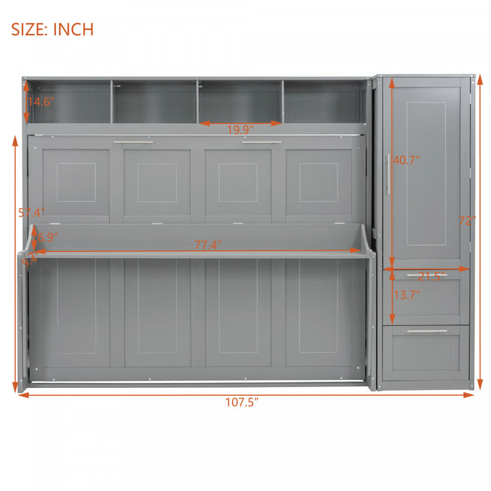 Lit Mural Escamotable Dennis En Bois Composite, Taille Double, Avec Etageres Et Tiroirs, Gris