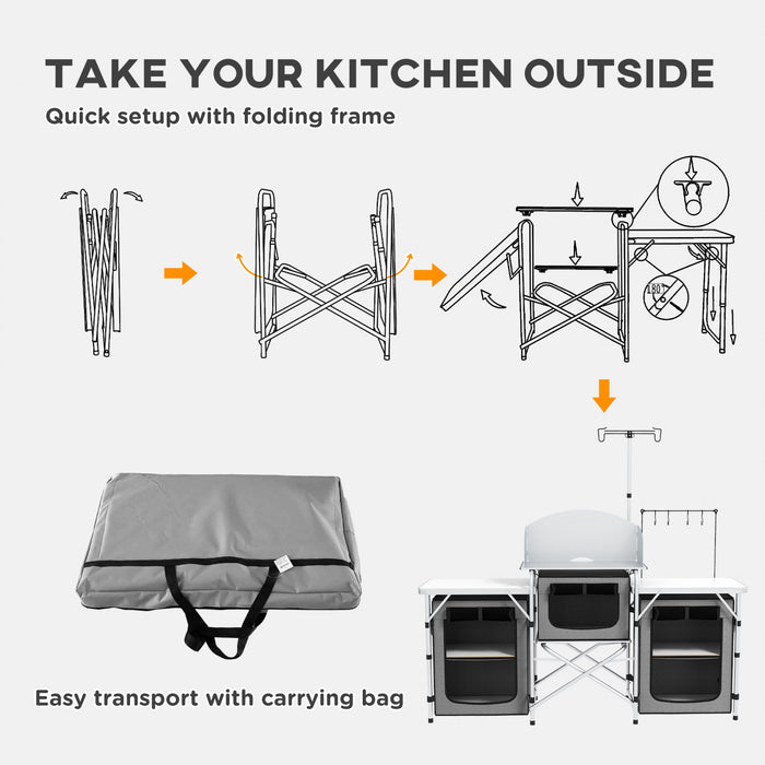 Outsunny Cuisine de camping pliante avec armoires en tissu pare-brise gris