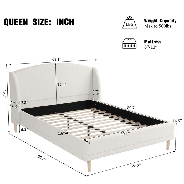 Lit Jeffrey Rembourre avec Tete de Lit Ailes en Tissu Boucle, Taille Queen - Blanc