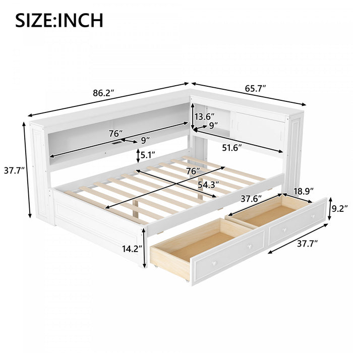 Lit de jour Arthur en bois format Full avec LED, port USB et 2 tiroirs de rangement, blanc
