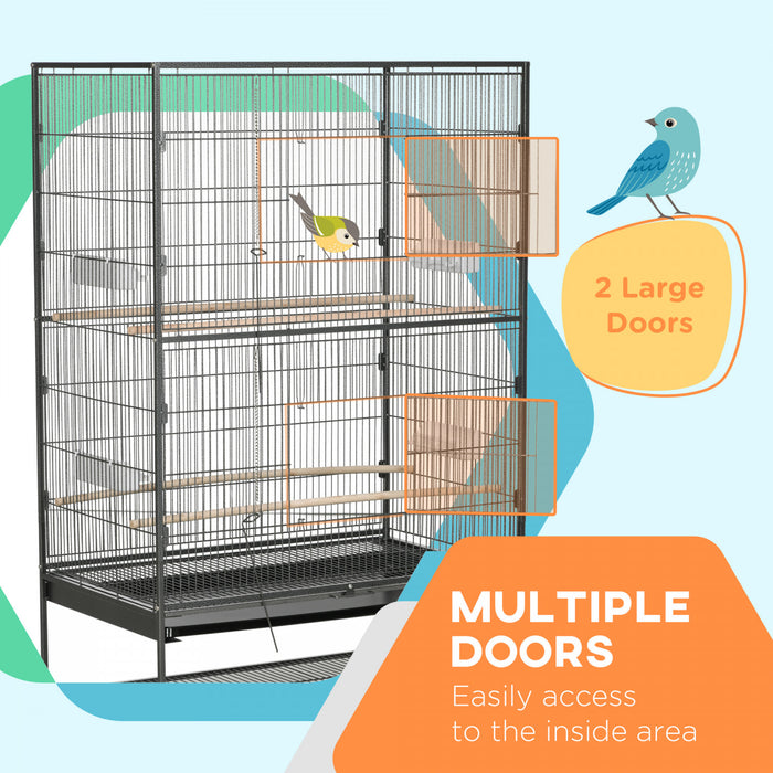 Pawhut Cage A Oiseaux 60\" Avec Support Pour Calopsittes Canaris Inseparables Pinsons, Cage A Perruches Avec Roues, Plateau Amovible, Etagere De Rangement