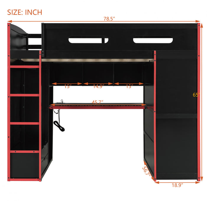 Jerry Lit mezzanine en bois avec bureau et rangement, Taille Double, Rouge