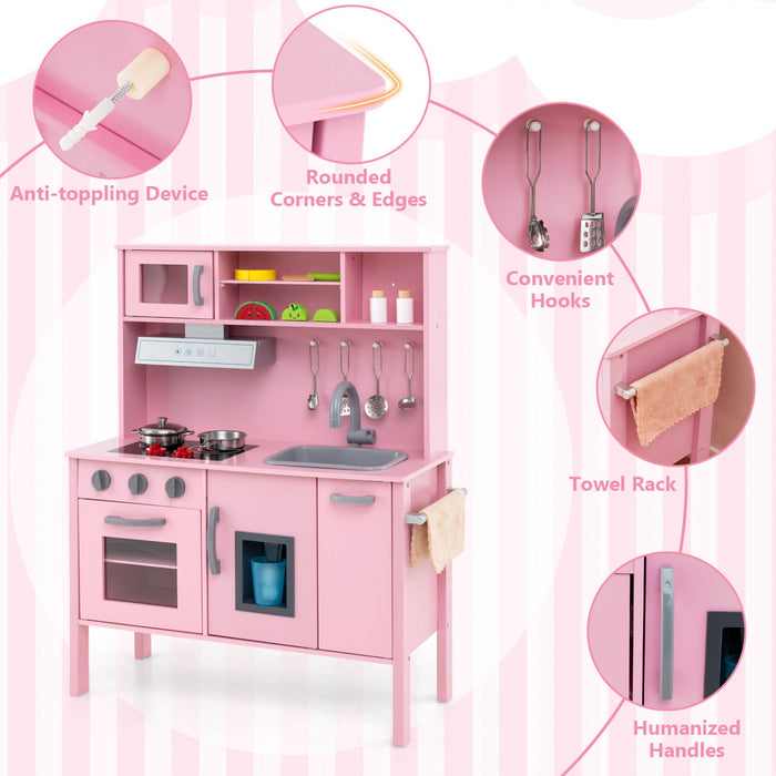 Costway Kids Kitchen Playset En Bois Pretendre Jouer Chef Jouet Avec Micro-ondes Et Accessoires Rose
