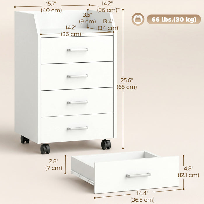 HOMCOM Caisson de rangement a 4 tiroirs avec roulettes verrouillables blanc