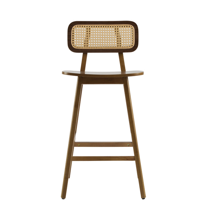 Bari lot de 2 tabourets de comptoir en bois de caoutchouc avec dossier en rotin et repose-pieds, couleur noyer