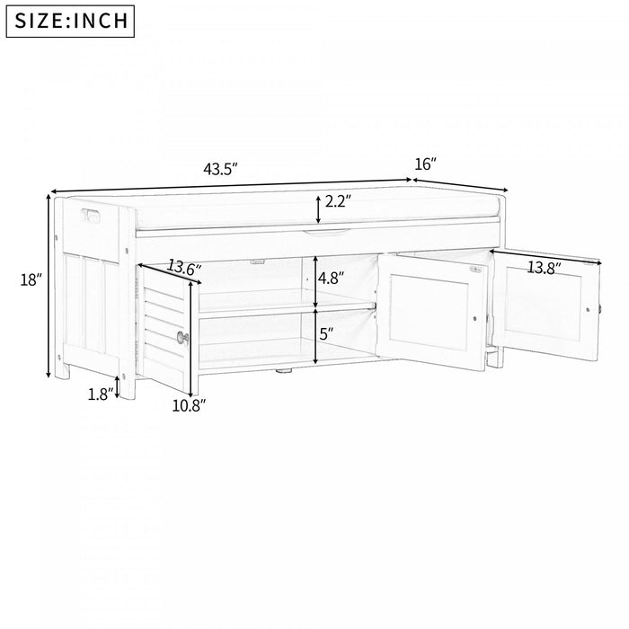 Banc De Rangement Olivia En Pin Avec Meuble A Chaussures 3 Portes Et Compartiment Cache, Gris Patine