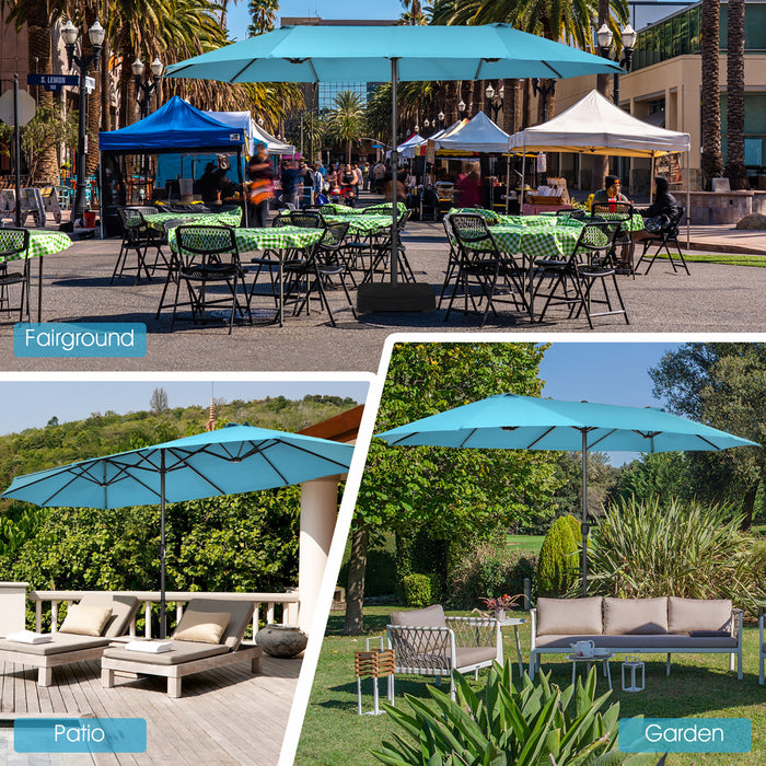 Parasol de patio jumeau double face Costway de 15 pieds, ombrage exterieur, manivelle et marche turquoise