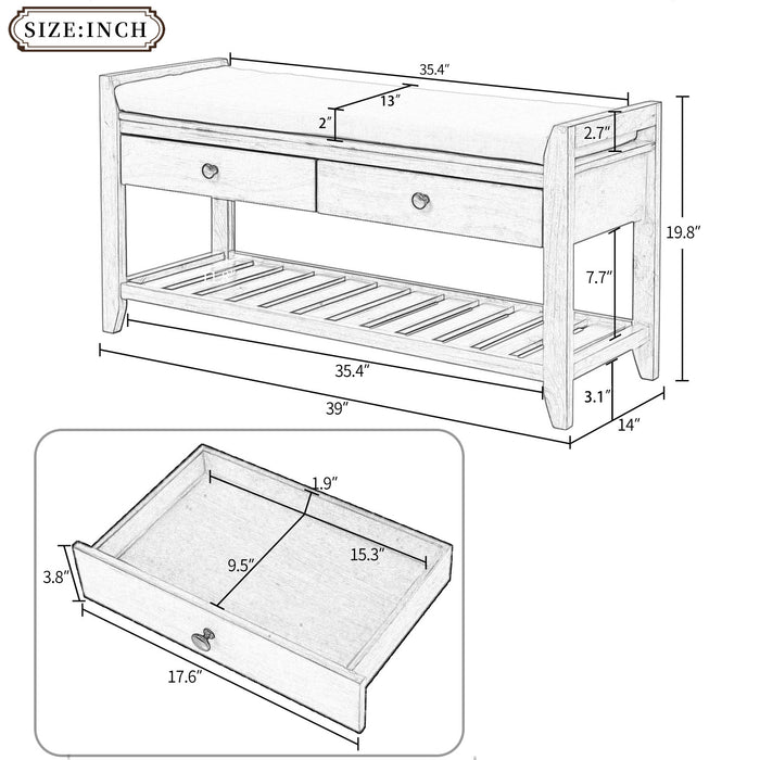 Banc A Chaussures Stephanie En Pin Avec Siege Rembourre Et Tiroirs De Rangement, Pin Ancien