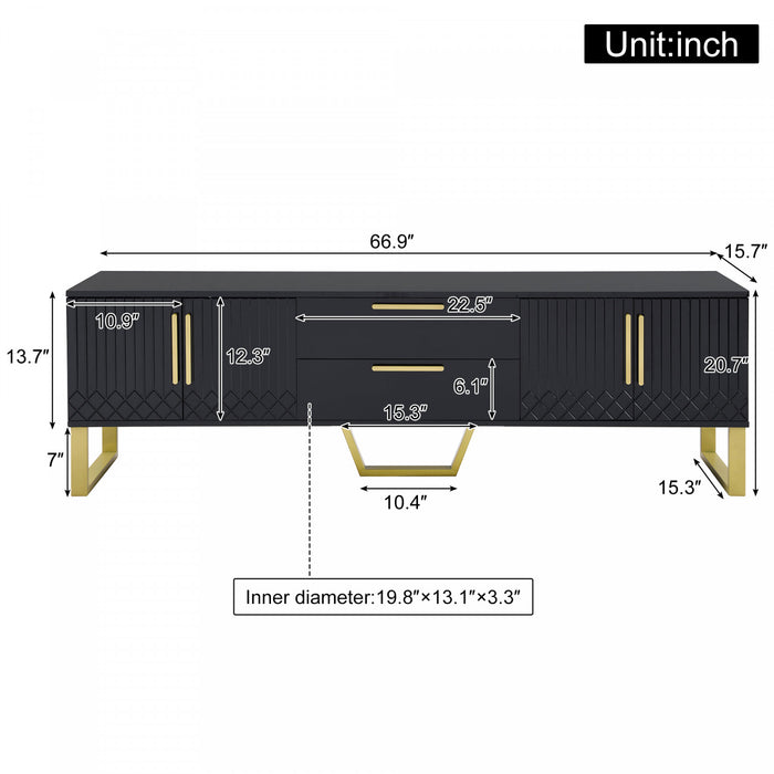 Steven 66.9\" Cabinet TV Sur Pieds avec Poignees et Pieds Dores, Noir