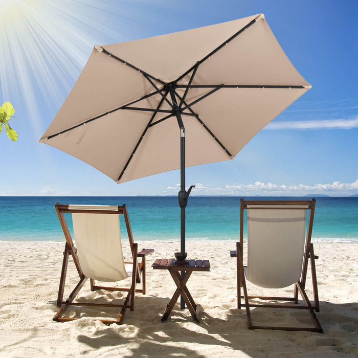 Parasol solaire Costway 7,5 ft avec lumieres LED, inclinaison par bouton-poussoir, manivelle, marron