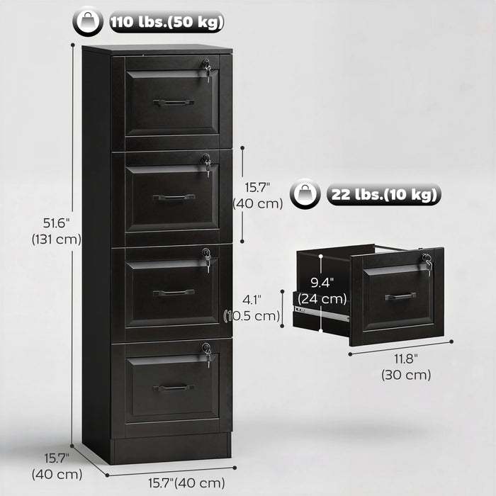 HOMCOM Armoire de Classement Verticale, 4 Tiroirs avec Serrure, Noir