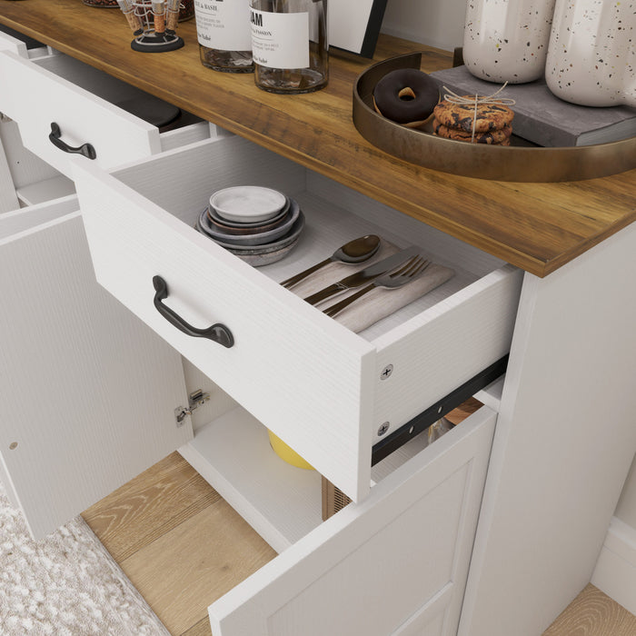 HOMCOM Buffet, meuble de bar a cafe avec tiroirs, blanc vieilli