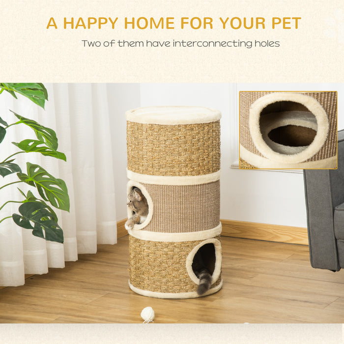 Pawhut Tour A Chat 3 Etages A Trois Trous Avec Surface De Couverture A Gratter En Sisal Et Algues, Tour A Chat Pour Chats D'interieur, 15 \"x 28\", Kaki Et Marron