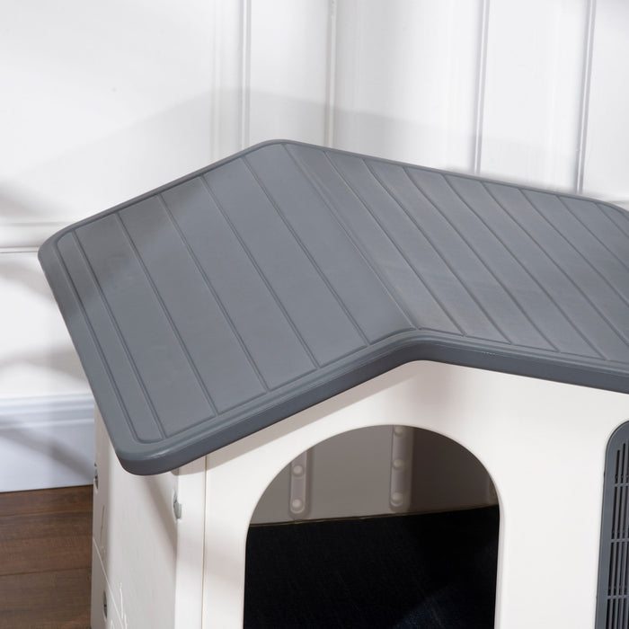 Pawhut Niche En Plastique Avec Aerations, Petite Niche Avec Ouverture De Porte, Sol Sureleve, Support De Bol, 2 Bols, Coussin Doux Lavable, Pour Chiens De Petite Taille, Blanc