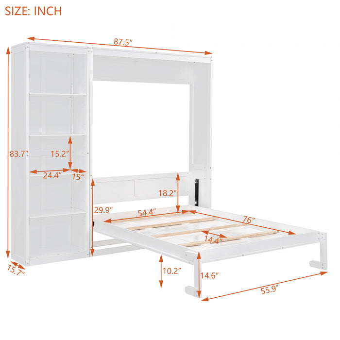 Lit Escamotable Double Jocelyn Gain De Place Avec Etageres, Blanc