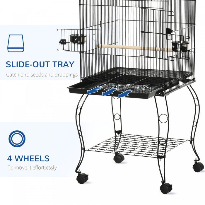 Pawhut 53,9\" Grande Cage A Oiseaux Roulante En Acier Avec Support Roulant Amovible, Etagere De Rangement, Perchoir En Bois, Recipient Alimentaire, Noir
