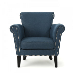 Chaise Mason En Tissu Avec Pieds En Bois Et Finition Cloutée - Bleu Marine