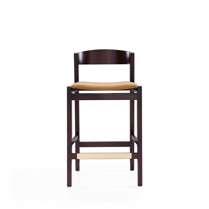 Tabouret de comptoir en bois rembourre style Klismos mi-siecle moderne couleur camel - Lot de 2