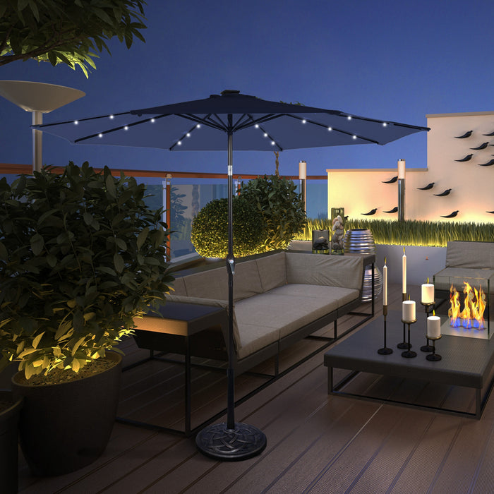 Parasol solaire Costway de 9 pieds avec LED, acier avec inclinaison a manivelle, exterieur, couleur marine