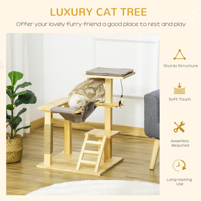 Pawhut Arbre A Chat Centre D'activites Multi-equipe Griffoirs En Jute Plate-formes Echelle Hamac Coussin Inlus Interieur Exterieur Bois De Pin Dim. 19\"l X 19\"l X 30.75\"h Bois Naturel Gris