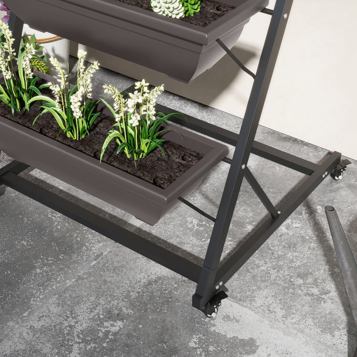Outsunny Lit De Jardin Sureleve Vertical De 5 Niveaux Avec 5 Boites De Jardiniere, Roues, Support De Plante Exterieur Cultivent Le Conteneur Avec Des Trous De Fuite Pour Patio De Balcon, Brun