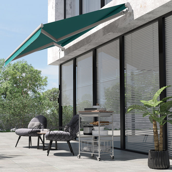 Auvent De Patio Retractable Manuel Outsunny De 13 Pi X 8 Pi, Pare-soleil Resistant A L'eau, Cadre En Aluminium Pour Abri De Porte De Fenetre De Terrasse Exterieure (vert Fonce)