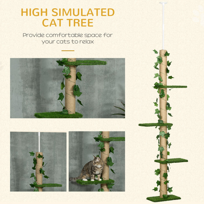 Pawhut Arbre A Chat A 4 Niveaux Du Sol Au Plafond, Hauteur 79,5 A 95,3\" Reglable, Grande Tour Pour Chat Antiderapant, Centre D'activites Multicouche Hautement Simulant Avec Perchoirs, Griffoir - Vert