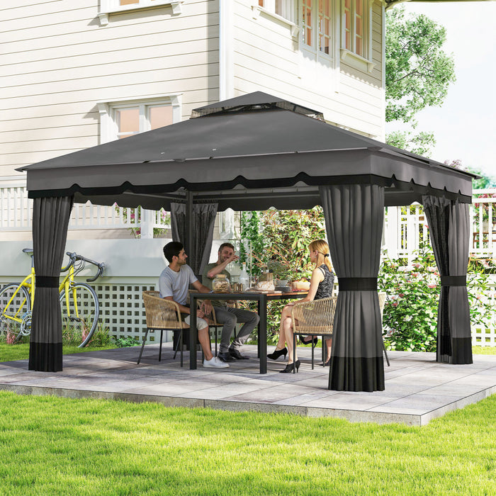 Outsunny 3 m x 3,6 m a double toit Gazebo d'exterieur avec filet et rideaux