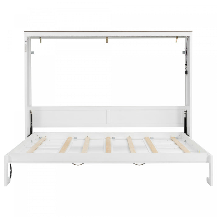Lit escamotable Olivia en bois massif avec lumiere LED et armoire pliante, taille queen, blanc