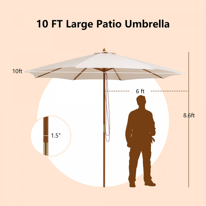 Parasol de marche de patio en bois de 10 pieds avec poulie et 8 baleines en bambou, toile d'ombrage