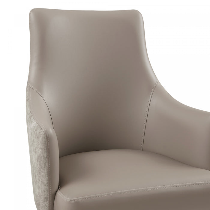 Fauteuil moderne Connie en cuir vegetalien et velours avec accoudoirs en bois, taupe - Lot de 2