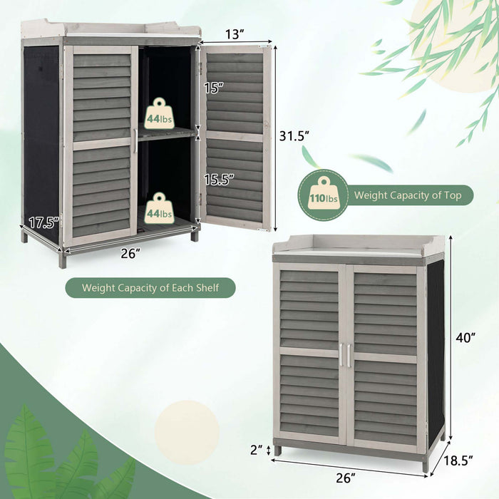 Etabli D’exterieur Avec Dessus Spacieux Galvanise Et Etagere A 2 Niveaux, Abri De Jardin Avec Porte Laterale Enroulable Et Pieds Sureleves, Pour Stocker Pelles, Arrosoirs Et Ciseaux, Gris