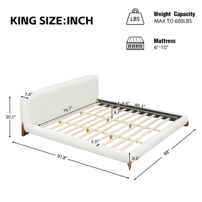 Lit plateforme Harper a profil bas en boucle avec tete de lit epaisse et courbee, California King, blanc creme