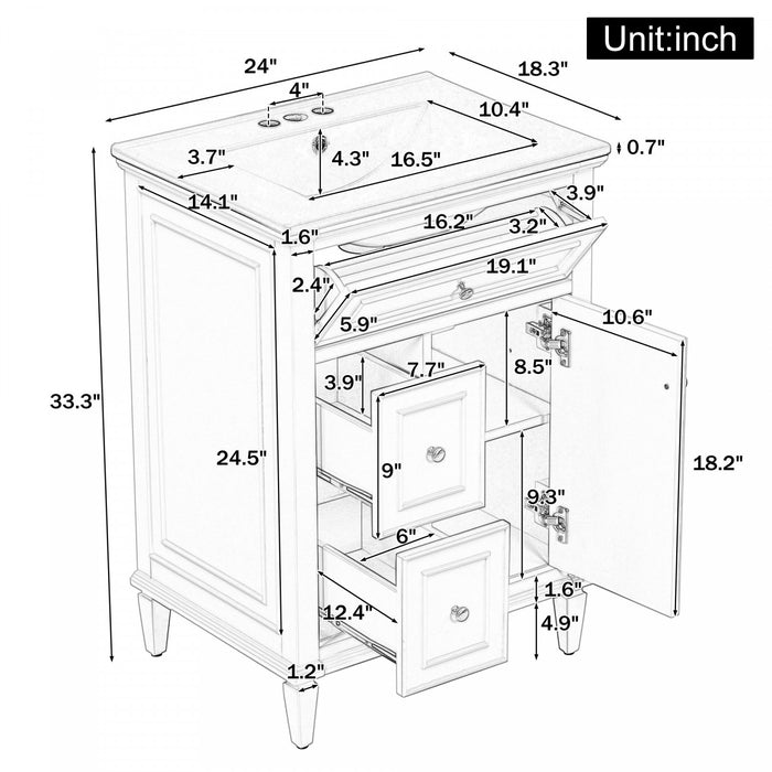 Vivo Meuble-Lavabo Simple 24 po avec Tiroir Bascule et Pieds en Bois Massif, Blanc
