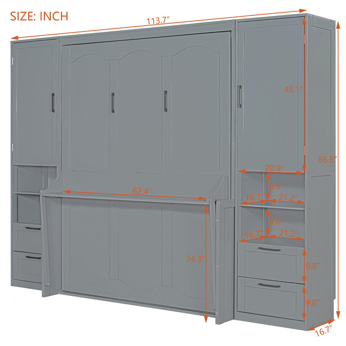 Lit Escamotable Joyce Format Queen Avec Tiroirs Et Etageres - Gris
