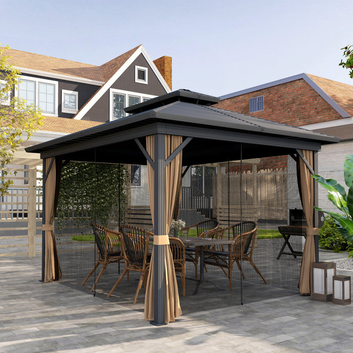Outsunny Gazebo Exterieur En Aluminium A Toit Rigide 10x12 Pi, Brun Fonce