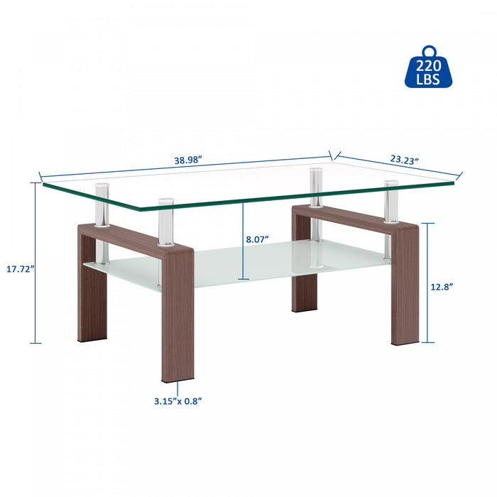 Table basse moderne rectangulaire en verre trempe transparent Liam, finition noyer