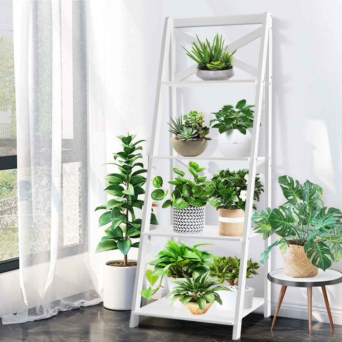 Echelle D'etagere En Bois Echelle Bibliotheque Style Moderne Avec 4 Tablettes Pour Plantes, Livres Support De Chaque Niveau 5kg 50,7x46x1x142,5cm Blanche/noir
